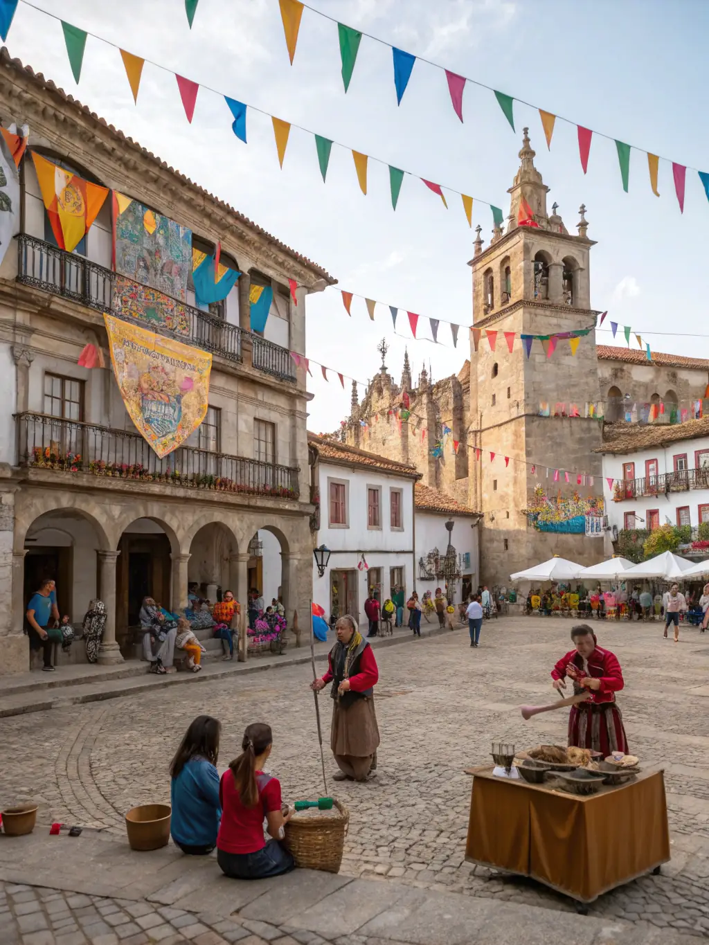 A lively outdoor festival scene with people enjoying guided tours, live folk music, and local craft demonstrations in the heart of the old town.