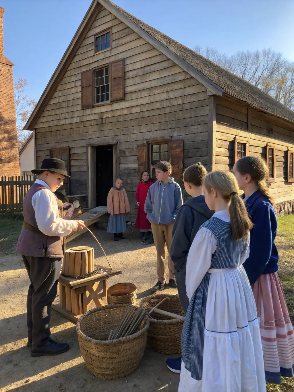 Children and adults participating in a hands-on heritage workshop, learning traditional masonry techniques with guidance from an expert artisan.
