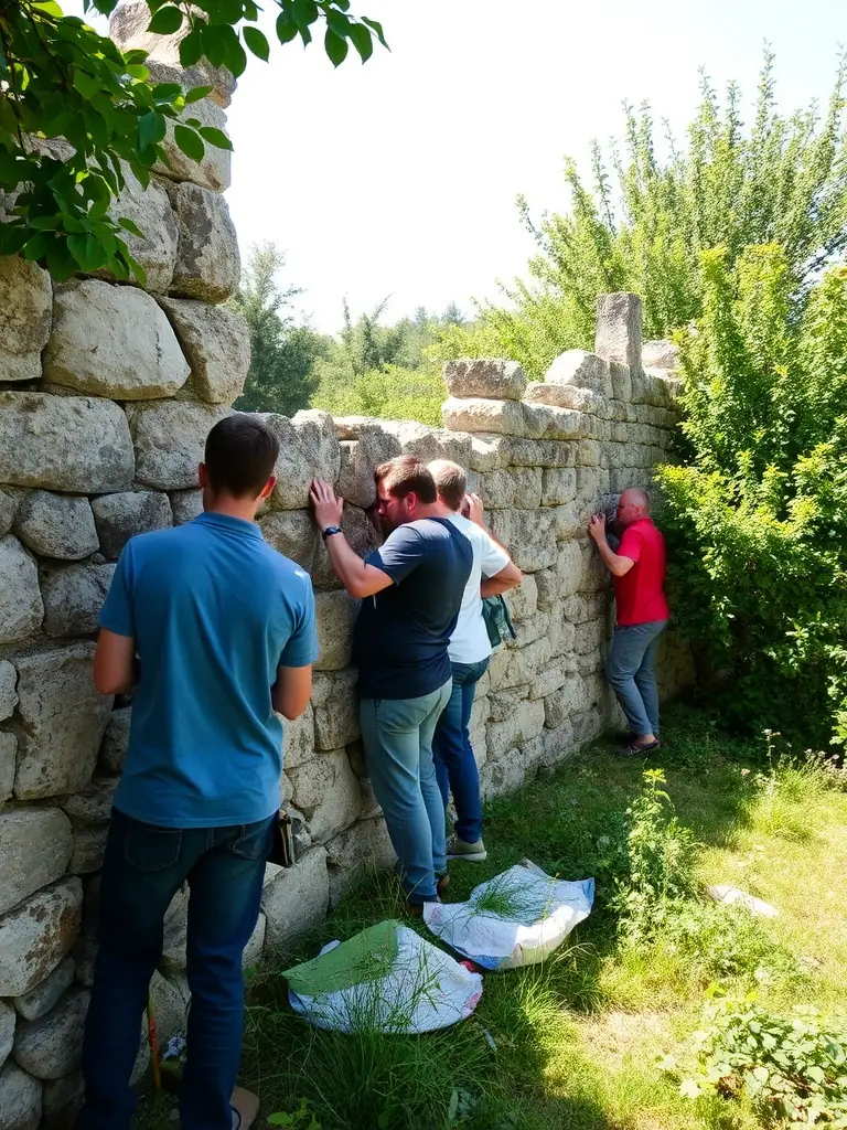 A group of volunteers carefully restoring a weathered stone wall, surrounded by historic buildings in Vieux Saint-Pierre, under soft morning light.