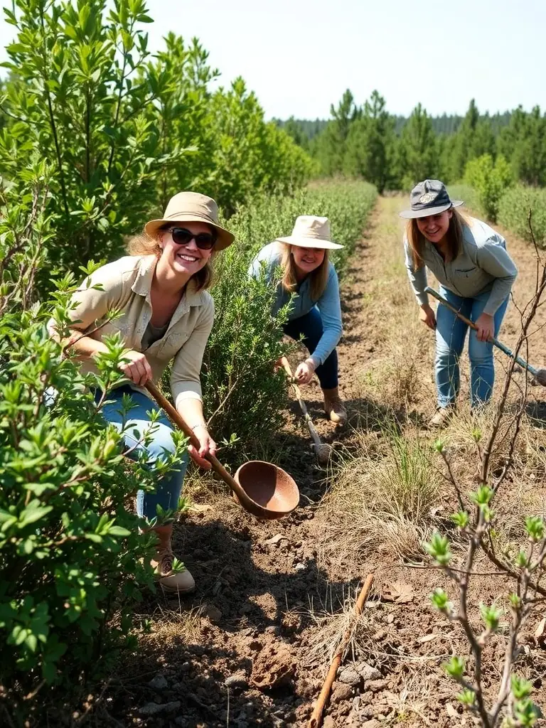 A small group of residents and volunteers planting native flowers and shrubs along a historic pathway, enhancing the site’s natural beauty.